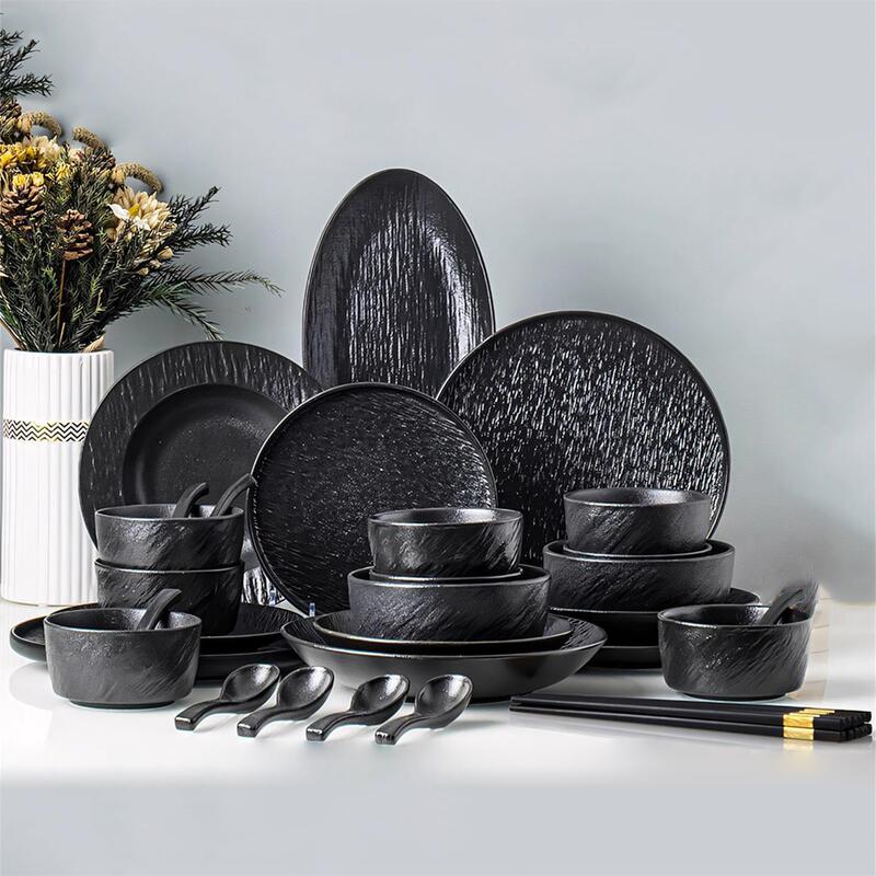 Ins-Style Black and White Stone-Patterned Bowl and Plate Set, High-Value Household Ceramic Tableware, Housewarming Gift Box Set, Light Luxury Bowls and Plates