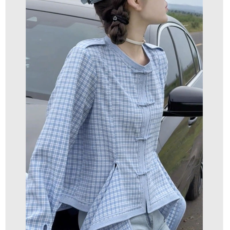 新中式国风女装2025新款蓝色格子盘扣长袖衬衫法式高端小资小上衣|undefined