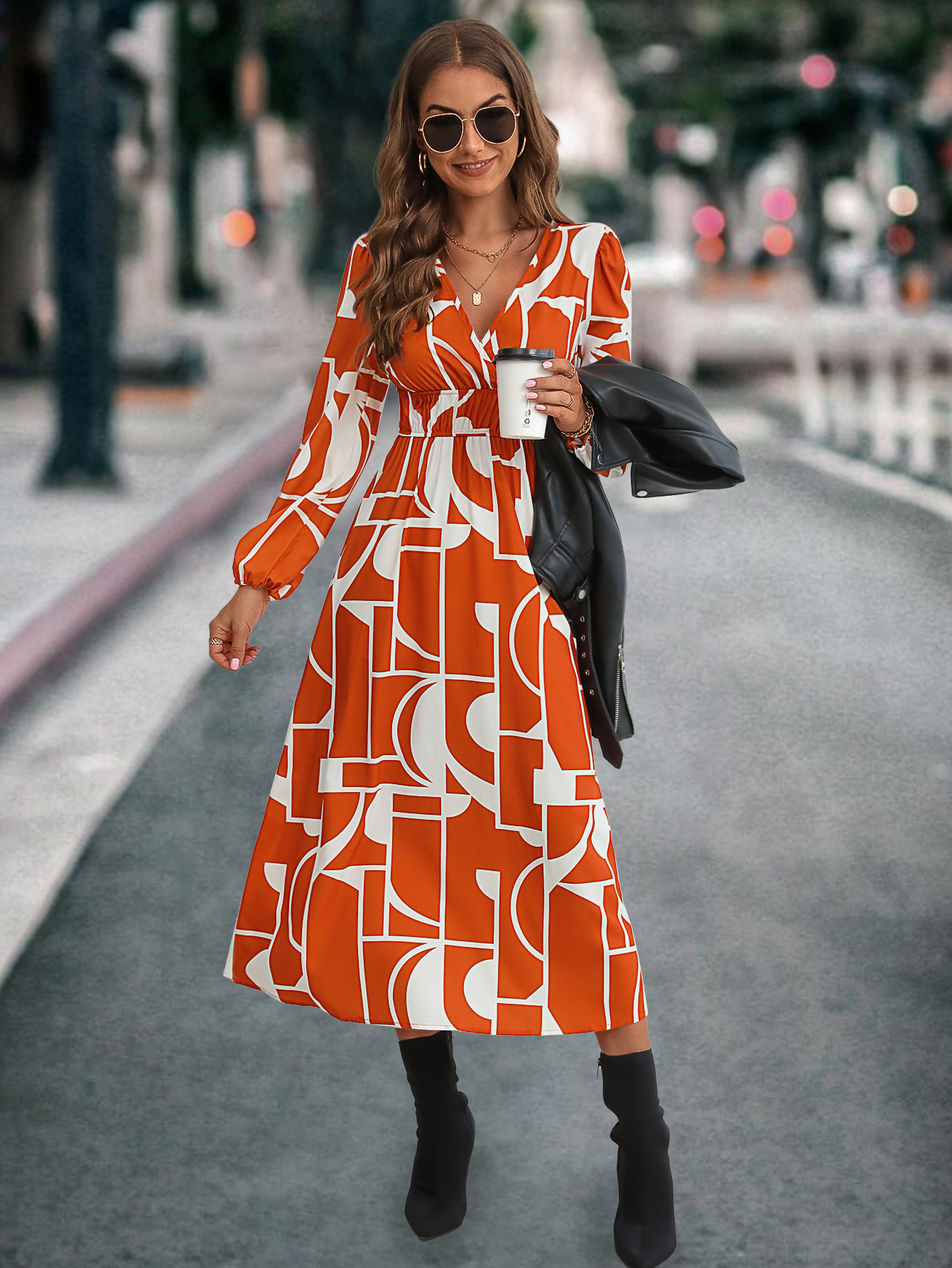 Robe imprimée à manches longues et col en V pour femmes, la plus vendue_voghion.com