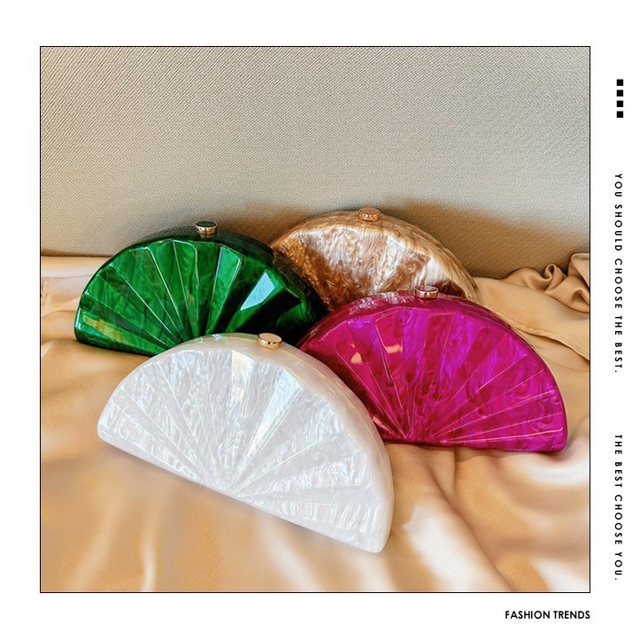 Transfronterizas damas europeas y estadounidenses bolsa de cena de diapasón diagonal de forma de ventilador de acrílico bolsa de noche de moda de fiesta de boda bolsa de mano