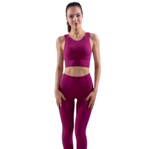 European and American high-support nude fabric sports vest high-waisted trousers top pocket yoga suit