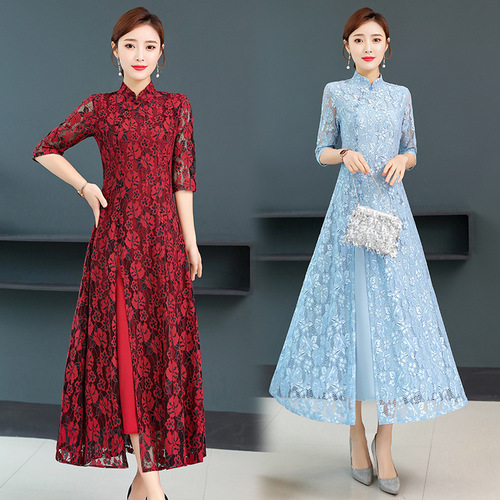 Improved aodai qipao cheongsam chinese dress lace long sleeve Chinese wind robe for women