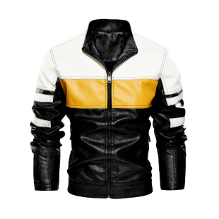 Standard American Size European Size Plus Velvet Leather Jacket Color Matching Stand Collar Men's Casual Autumn and Winter New Cross-Border Standard American Size