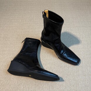 Washed Cowhide ~ Wedge Heel Thick Bottom Increased Stretch Thin Boots Women's Square Head Genuine Leather Rear Zipper Vintage All-match Ankle Boots