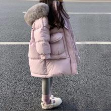 女童洋氣大毛領連帽羽絨服兒童中長款棉衣2023新款加厚保暖外套