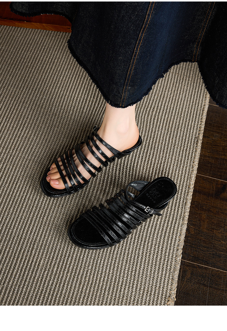 Dép sandal nữ quai chữ V đế bệt dây da bò phong cách La Mã — màu nâu chi tiết 10