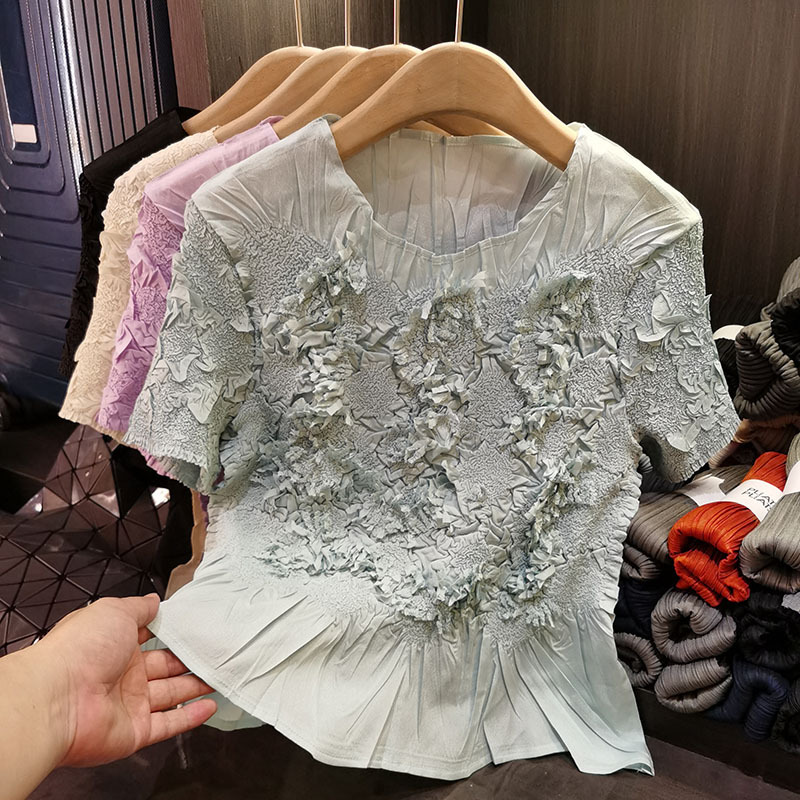 Áo thun cổ tròn xếp ly thủ công tay ngắn ôm sát đa năng màu trơn mùa hè — Màu xanh, Màu đen, Màu tím hồng, Màu hồng