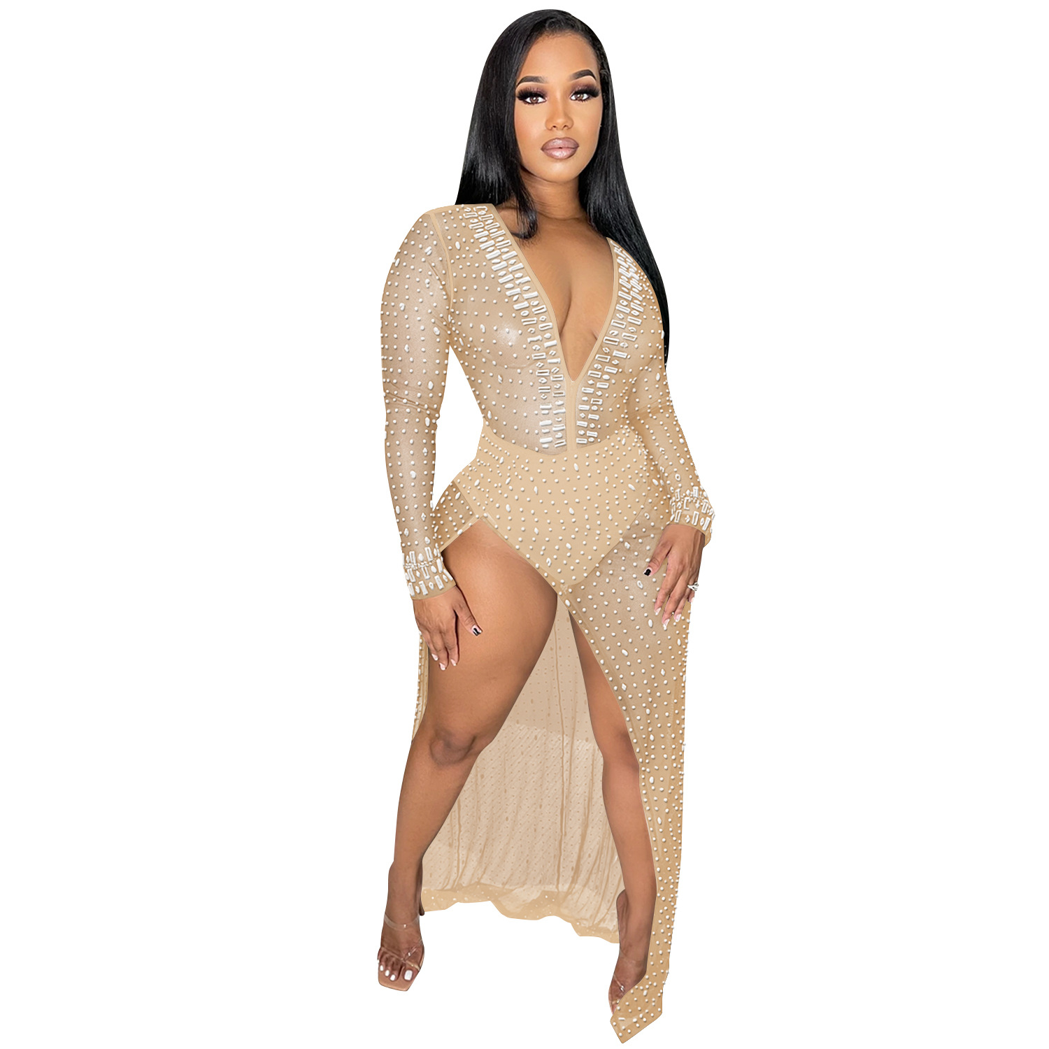 AliExpress Amazon europeo y americano de la moda las mujeres ropa discoclub caliente perforación profunda V manga larga split vestido mujeres image 7
