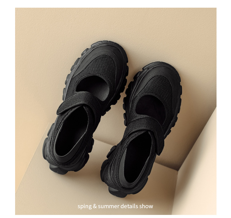 Giày Mary Jane nữ đế dày da thật quai ngang khóa Velcro — Đen + lưới, Đen + vải lụa chi tiết 20