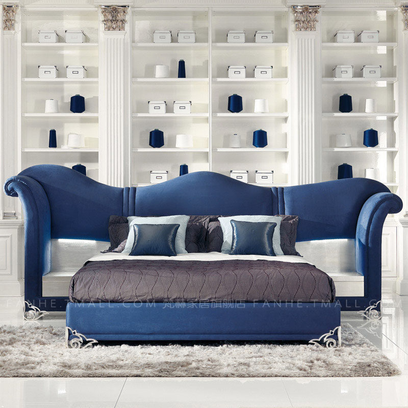 Postmodern luxury double bed, blue fabric bed, extra-large headboard, long screen bed, Hong Kong-style light luxury bed