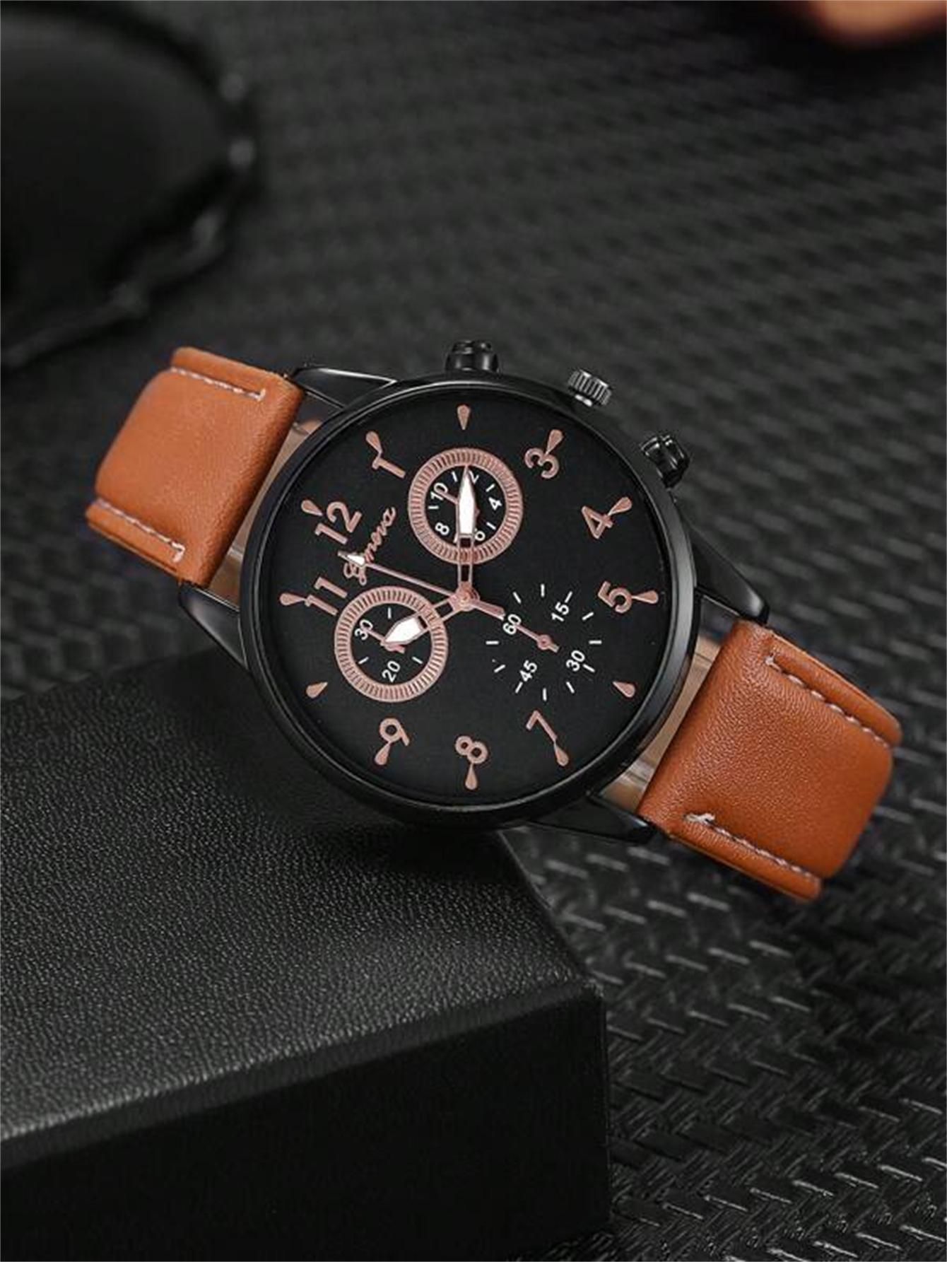 Herren Quarzuhr Casual Zwei Augen PU Lederuhr Mode Allgleiches Quarz Business Watch Anzug Gewebtes Armband_voghion.com