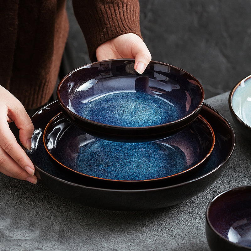 Light Luxury Retro Blue Ceramic Bowl suit Soup Bowl Dish Dish Kiln Scale Color Hotel High-grade Tableware