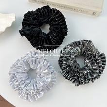 韩国ins高级重工银灰色褶皱花边发圈甜酷金属感丸子头发绳发饰女