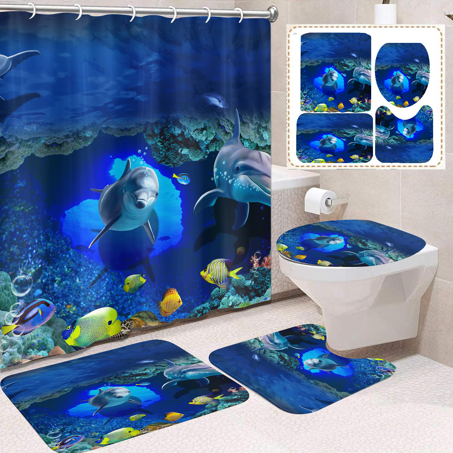 Cortina de ducha transfronteriza con diseño de delfines azules, estampada digitalmente, de poliéster, sin perforaciones, para baño, decoración del hogar image 16