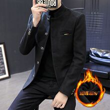 冬季男士立领西服韩版修身加绒加厚青年中山装毛呢小西装外套男潮