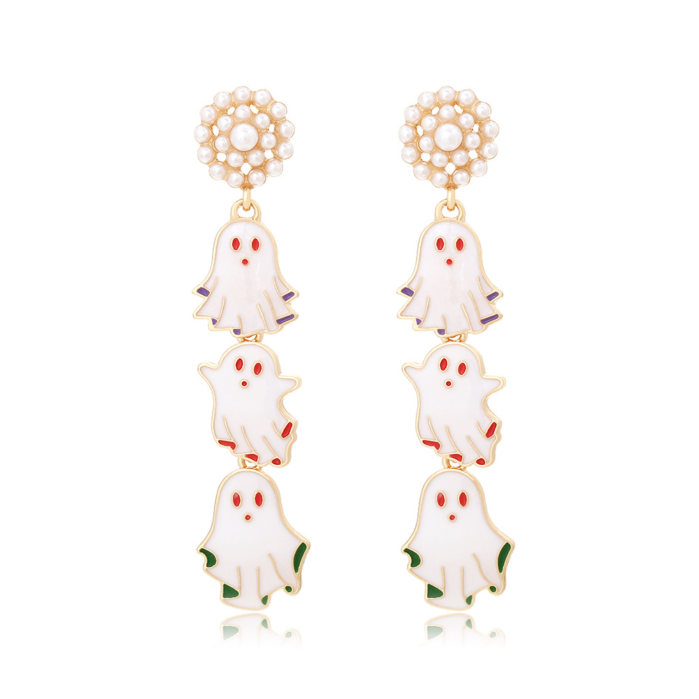 19g Weight 304 Stainless Steel Ear Needle Material 1 Pair Halloween Hip-Hop Funny Ghost Enamel Plating Inlay Alloy Artificial Pearls Drop Earrings