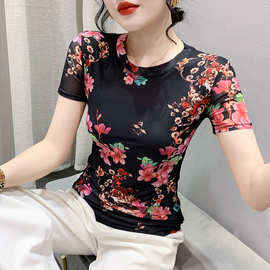 夏秋装新款高级感复古中国风印花t恤女短袖修身显瘦百搭休闲上衣