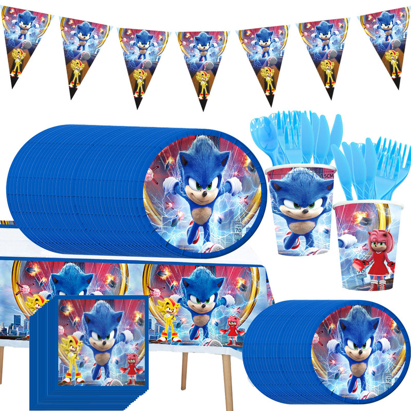 Cross-Border Best-Selling Sonic-Themed Disposable Tableware, Paper Cups, Paper Plates, Paper Towels, Knives, Forks, Spoons, Birthday Decoration Set Cross-Border Best-Selling Sonic-Themed Disposable Tableware, Paper Cups, Paper Plates, Paper Towels, Knives, Forks, Spoons, Birthday Decoration Set