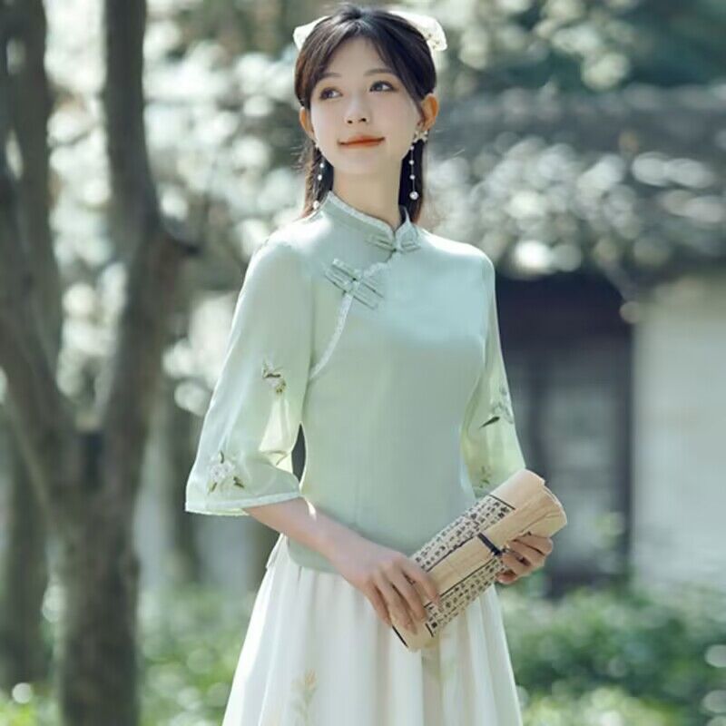 New Chinese-Style Zen Tea Dress Cheongsam Two-Piece Set, Improved Hanfu Women's Artistic National Style Fairy Top Set