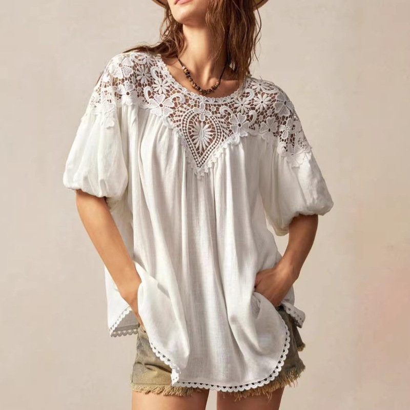 2025 Foreign Trade Amazon Europe and America Casual Solid Color Lace Stitching Round Neck Short Sleeve Loose Women's Shirt