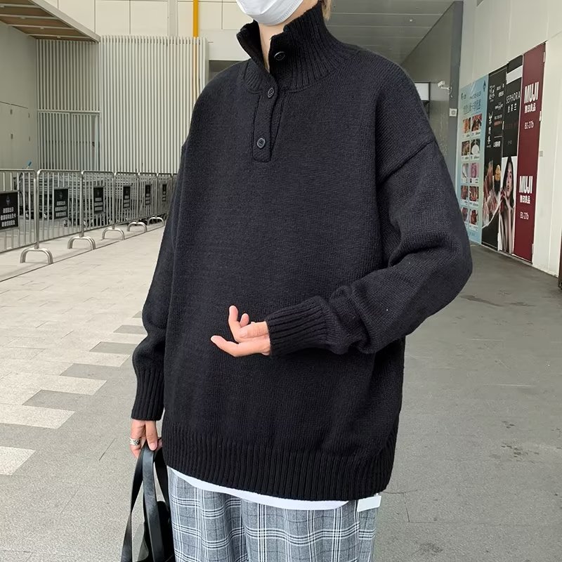 Otoño retro japonés simple hombre solapa botón base color sólido todo-fósforo suéter de punto polo suéter marea