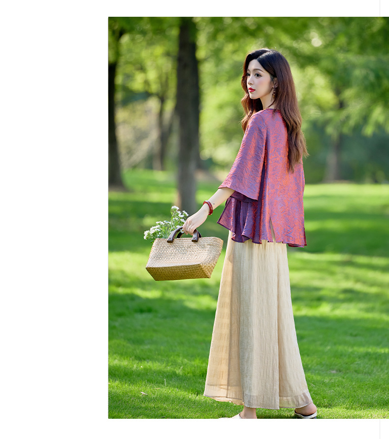 Bộ vest nữ hai mảnh gồm áo sơ mi cổ V và quần ống rộng dáng suông — Màu ảnh chi tiết 25