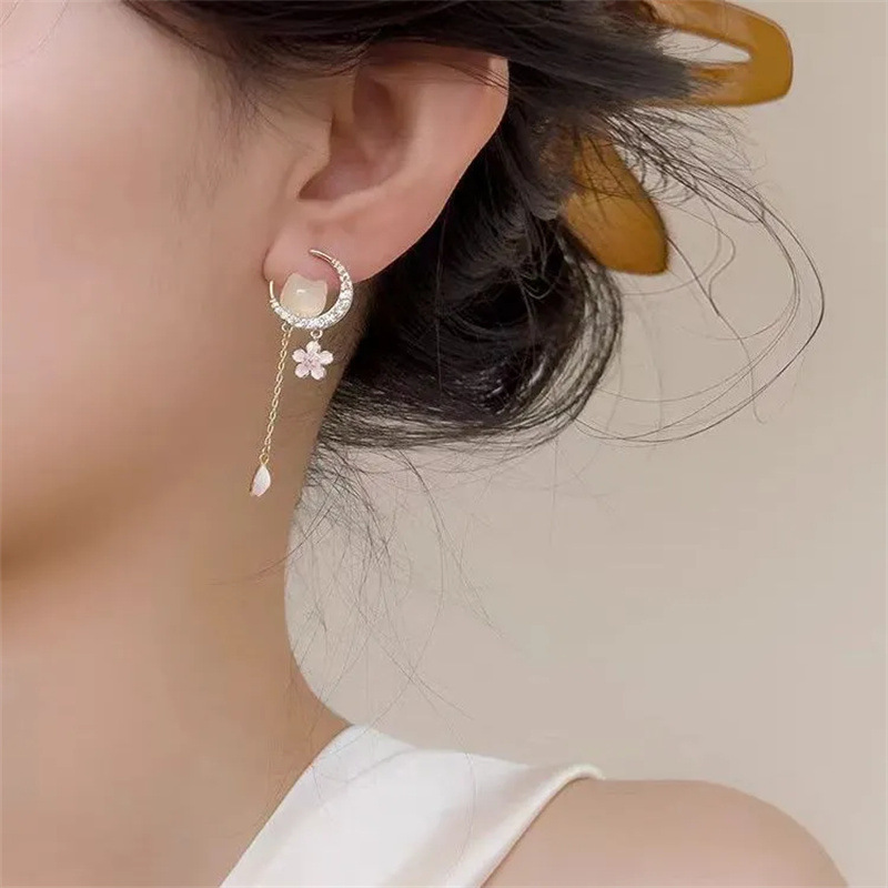 Elegant Cat And Cherry Blossom Tassel Stud Earrings In Pink_voghion.com
