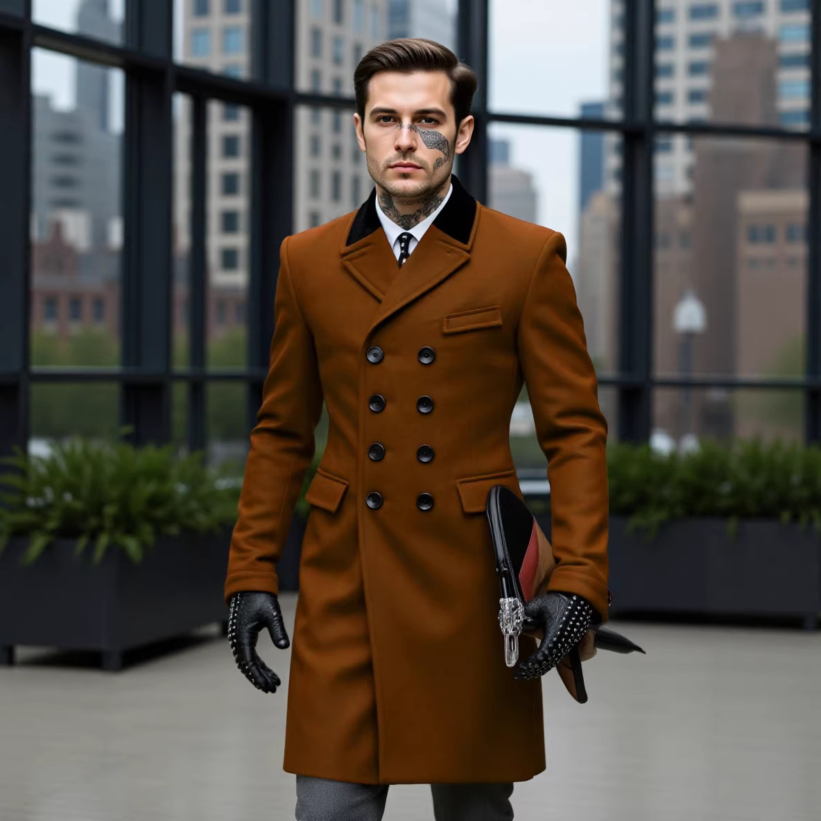 2026 European and American Autumn and Winter Color-Blocked Woolen Coat for Men, Cross-Border Thickened Dragon and Phoenix Woolen Trench Coat with Double-Breasted Buttons
