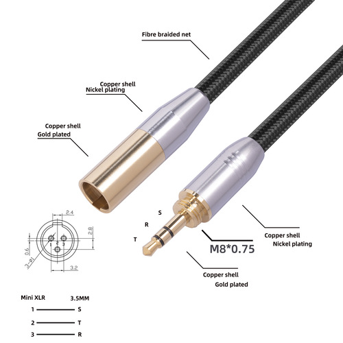 全铜双屏蔽编织线外螺纹3.5MM公转MINI XLR 3PIN调音台麦克风线