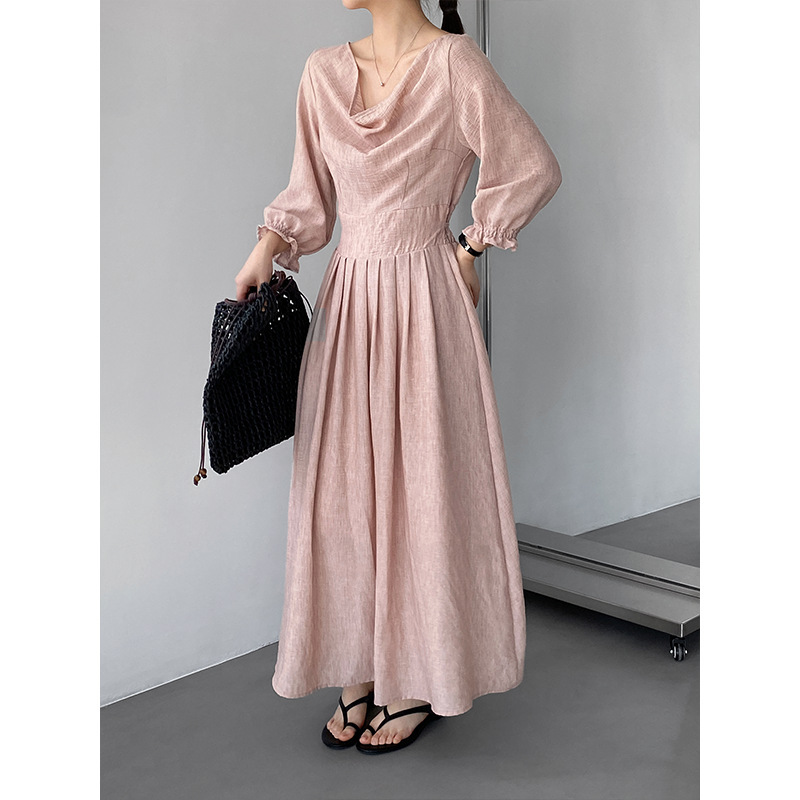 Gentle and Understated Pink Dress with a Draped Neckline, Slimming Waist, and Vintage Elegant Pleated Long Skirt for Women 809 Gentle and Understated Pink Dress with a Draped Neckline, Slimming Waist, and Vintage Elegant Pleated Long Skirt for Women 809