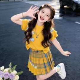 女童短袖T恤套装夏季2026新款儿童洋气上衣夏装女孩百褶裙两件套