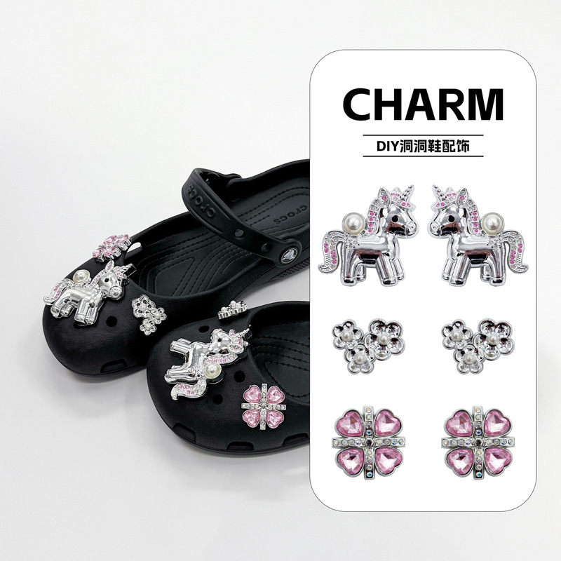 26 New Cross-Border DIY Accessories for Crocs Shoes: Diamond Unicorn, Pink Diamond, Four-Leaf Clover, Flower Clusters, Girly Shoe Charms