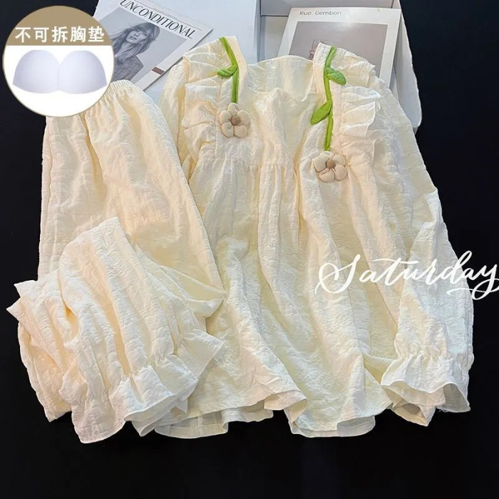 Pijamas de Manga Larga para Otoño e Invierno con Relleno en el Pecho para Mujer, Estilo Coreano 2025, Lindo Traje con Flores Pequeñas, Ropa de Dormir para Estudiantes