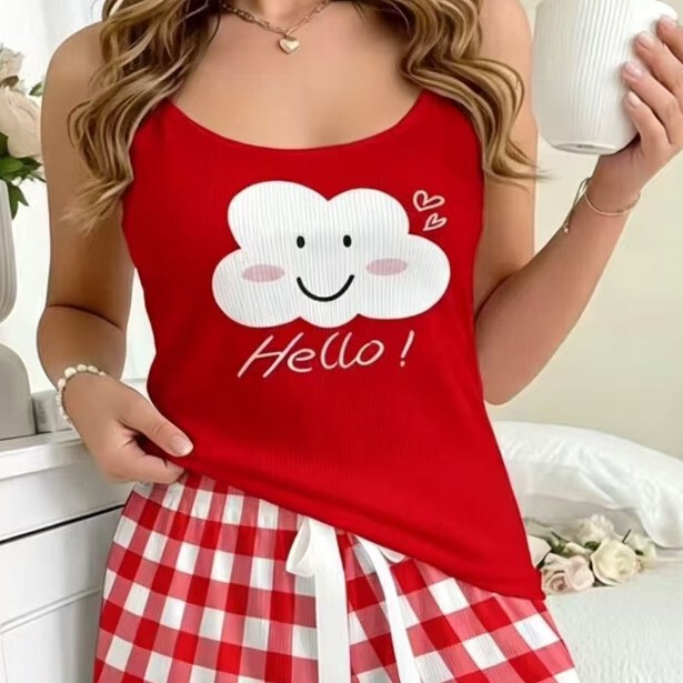 Cross-border women's cute cloud print camisole pajama set, summer plaid ruffle shorts loungewear pajamas