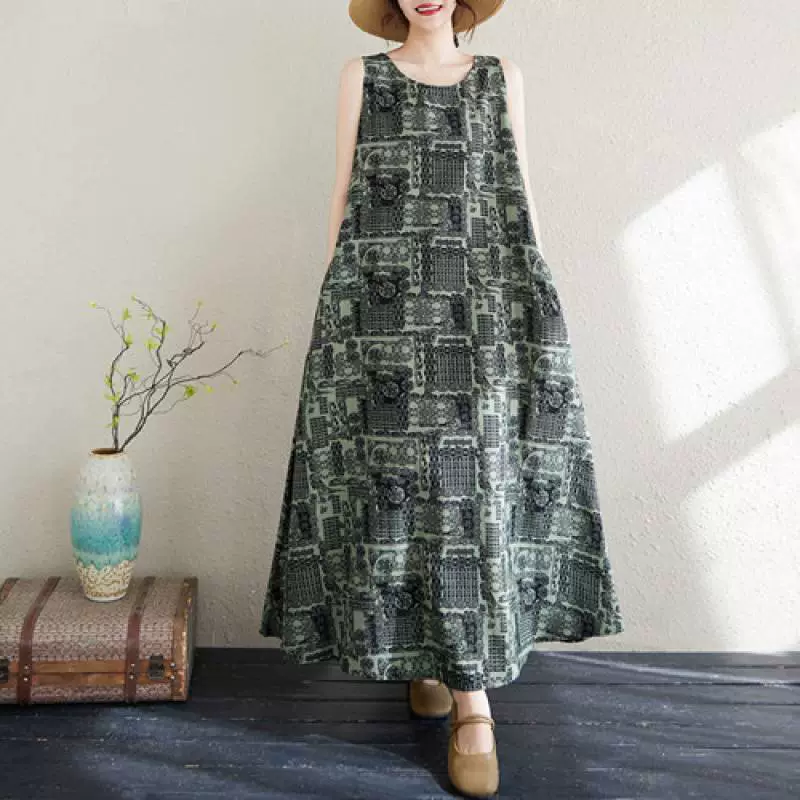 2025 реальный выстрел супер-размера 220 кг Летний богемный национальный стиль принт хлопчатобумажная льняная свободная длинная юбка большая юбка