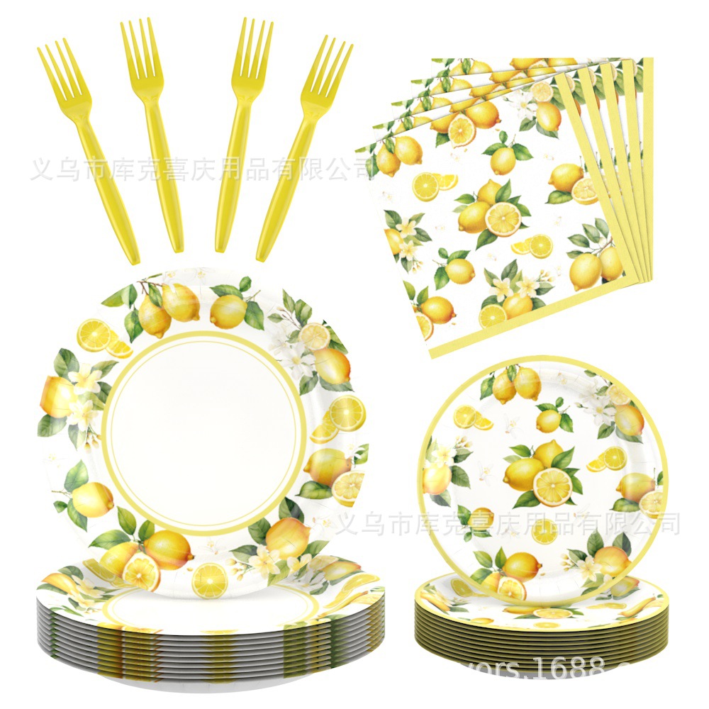 Cross-border amarillo tema de limón decoración de fiesta verano limón cumpleaños bandeja de papel desechable taza de papel toalla de papel mantel