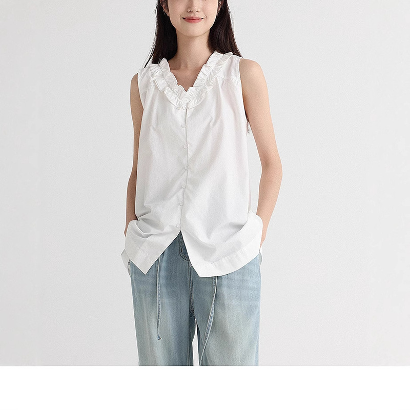Niche Designer!'Nanfa Huayu' Reversible Tencel Cotton Double-Layer Petal Collar Sleeveless Shirt Top for Women