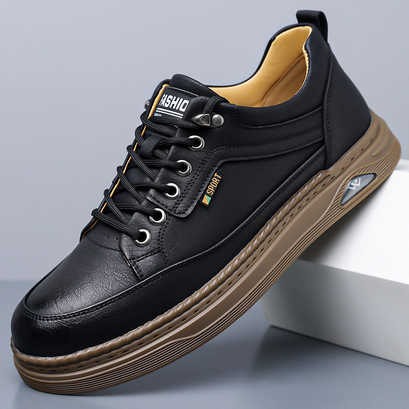 Giày da nam sneaker cổ thấp khâu chỉ thủ công, đế bằng, dây buộc phía trước — Màu nâu, Màu trắng, màu đen