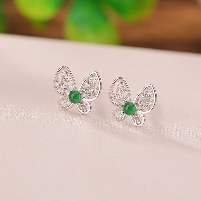 Bông tai bạc S925 mạ vàng hình bướm rỗng phong cách retro — Kiểu màu bạc