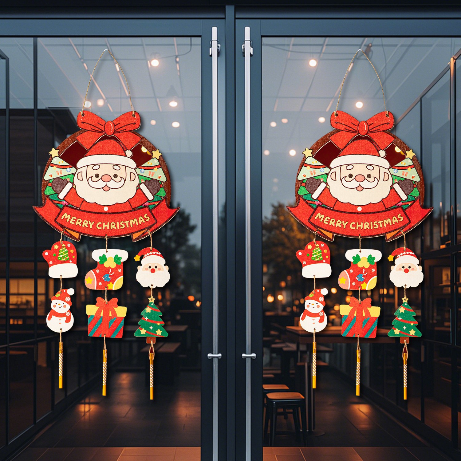 christmas decorations scene atmosphere layout wall wooden entry door pendant christmas tree luminous ornaments hanging