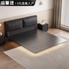 黒豆腐ブロック吊りベッド炭素鋼ベッドフレームイタリアのミニマリストマスターベッドルームソフトパッケージダブルウェディングベッドレザーベッド