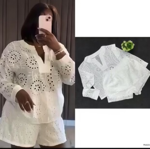 European and American Cross-border Women's 2025 Spring New Solid Color Long-sleeved V-neck Top Tight Waist Shorts Casual Two-piece Set