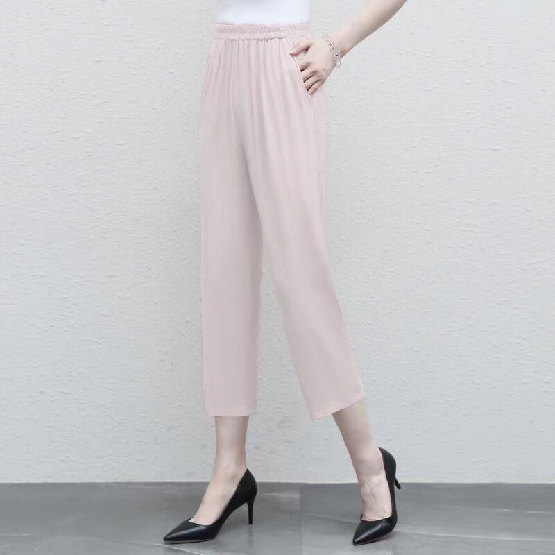 Summer Thin Cool Cotton Silk Straight Pants for Women Plus Size Casual Loose High Waist Drape Slimming Eight-Point Mom Pants