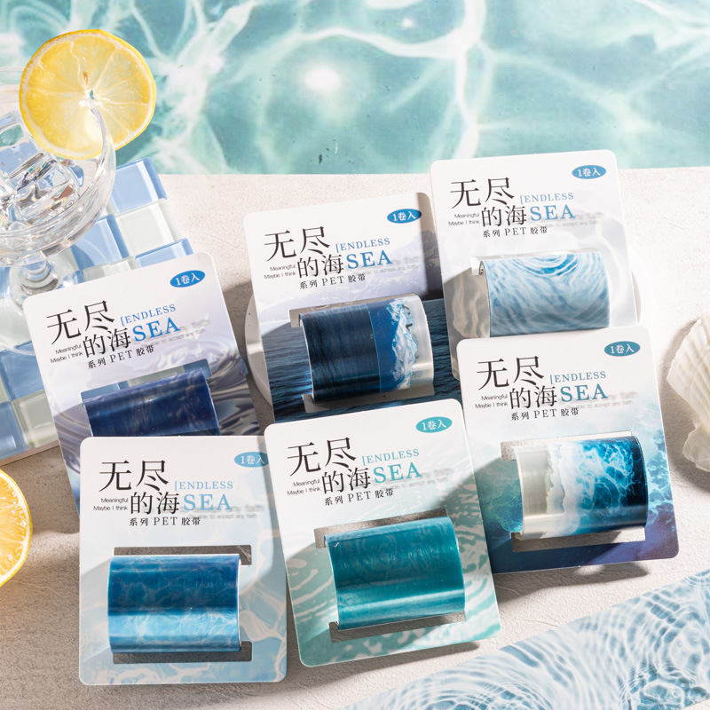 Cinta PET con tema de ondulación de agua de niña de salsa de tomate, cinta de material decorativo de bricolaje de la serie del mar sin fin