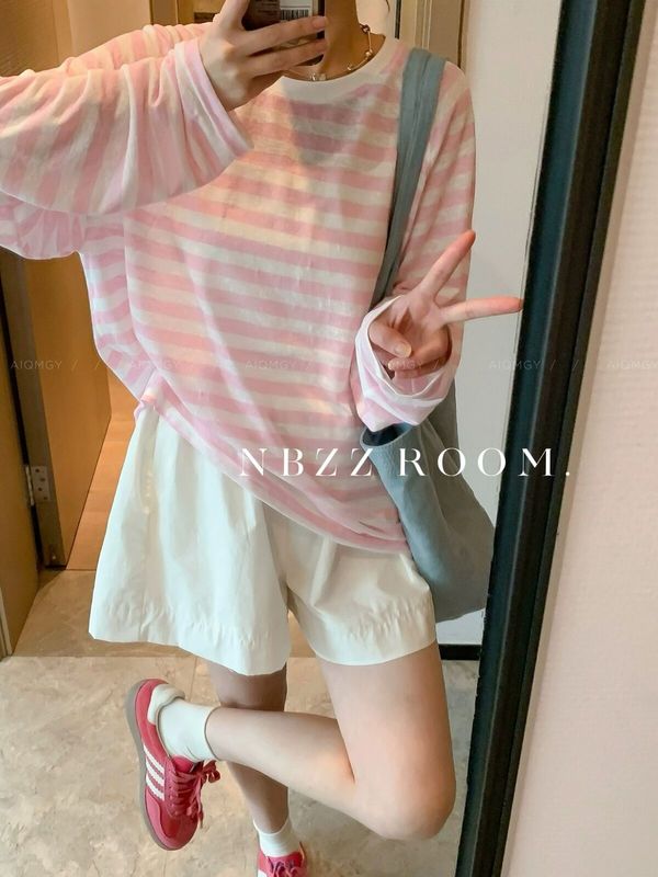 2025 春夏レイジースタイルワイドストライプ薄い日焼け止めシャツ女性の韓国スタイルルーズプルオーバー長袖 Tシャツトレンディ|undefined