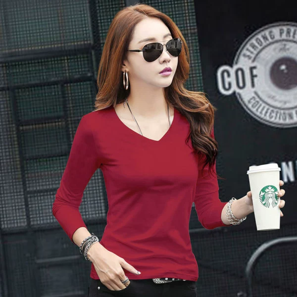 Трансграничная V-образная цветная женская футболка с длинными рукавами