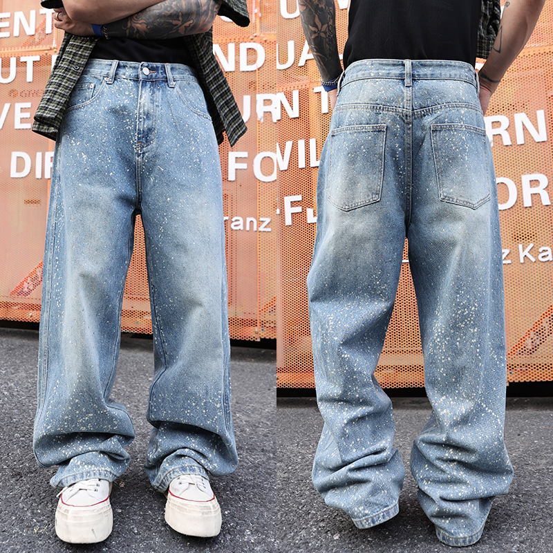 American-Style Splash-Ink Rhinestone Wide-Leg Jeans for Men, Loose Straight Retro Washed Rhinestone Casual Trendy Brand with Rhinestones Streetwear