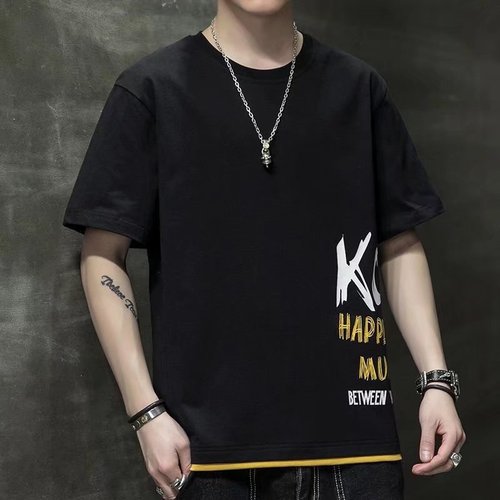 Trendy short-sleeved T-shirt men's summer new trendy loose half-sleeved T-shirt round neck versatile fake two-piece top