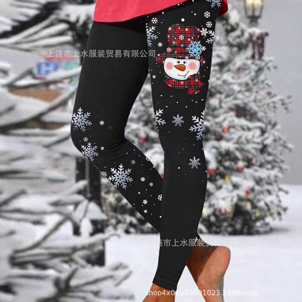 Christmas Snowflake Element Printed Style Yoga Pants Women's Elastic Sports Pants High Waist Hip Lifting Running Fitness Pants
