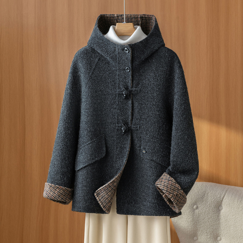 2025 Autumn/Winter New Circle Loop Nylon Hooded Mid-Length Double-Sided Cashmere Coat for Women with Horn Buttons, Loose Woolen Coat 2025 Autumn/Winter New Circle Loop Nylon Hooded Mid-Length Double-Sided Cashmere Coat for Women with Horn Buttons, Loose Woolen Coat